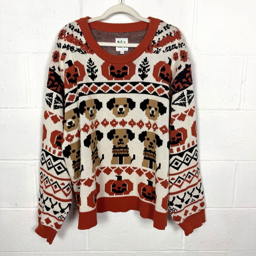 Shiny By Nature Oversized Fall Sweater SZ XL Dogs Pumpkins Nordic Orange Autumn